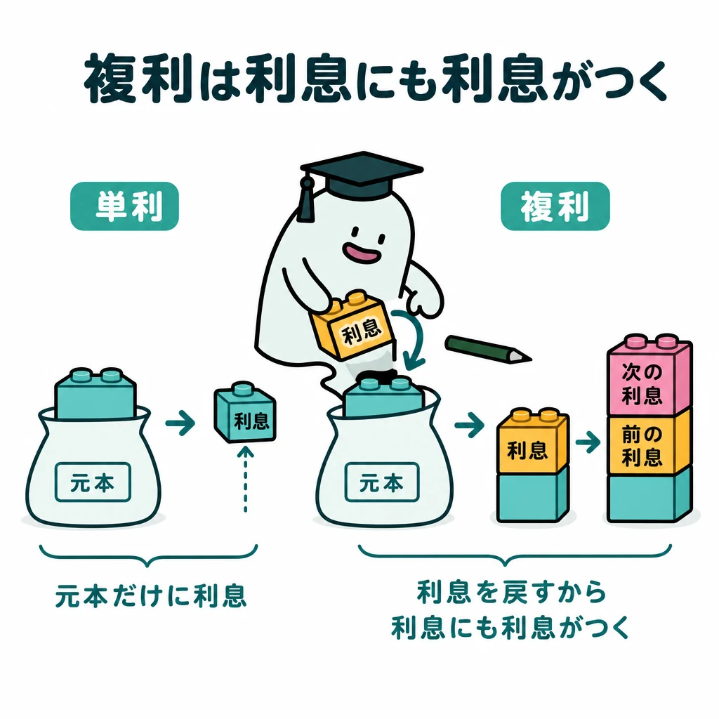 単利では利息を外に受け取り、複利では利息を元本へ戻して次の利息を計算する違い