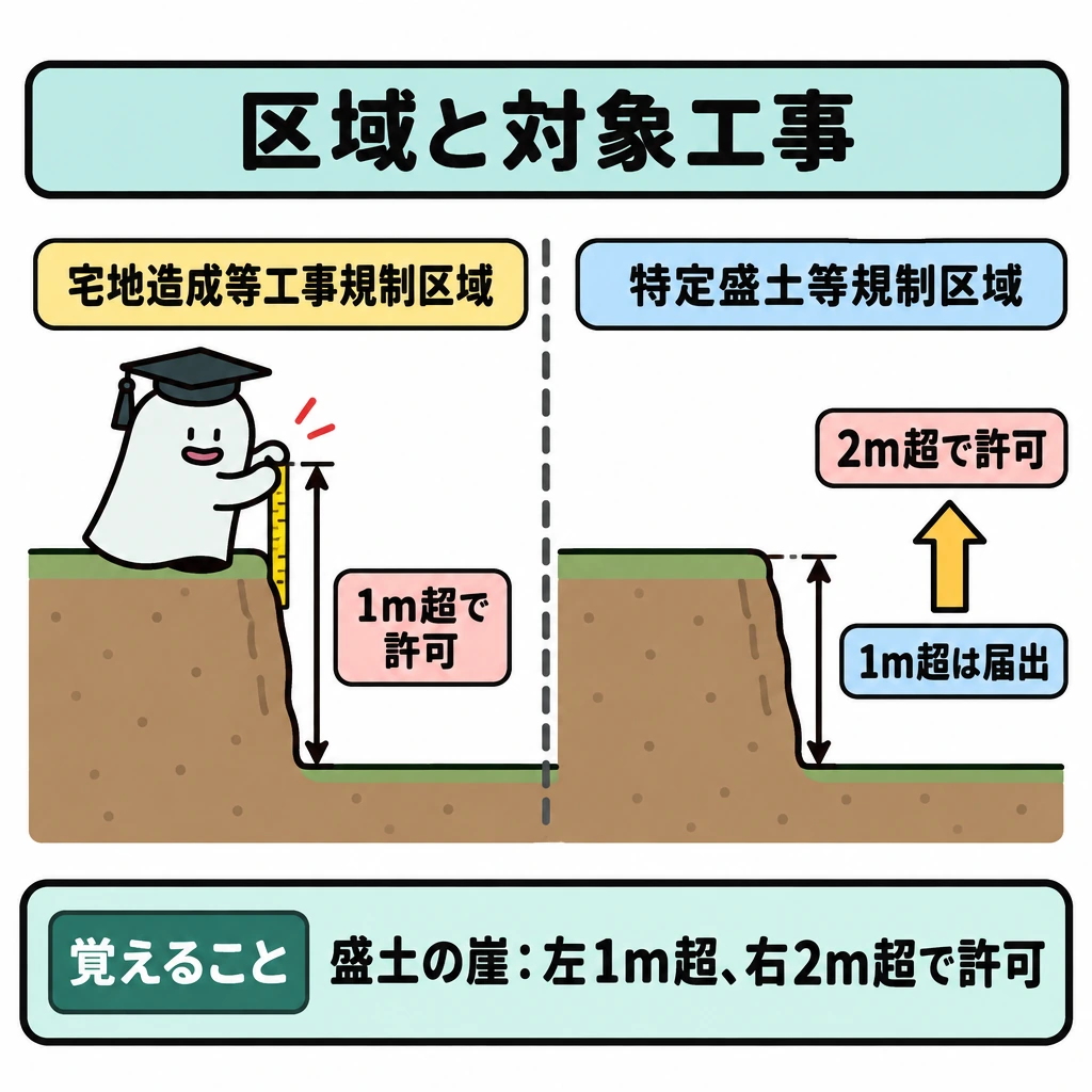 区域と対象となる工事の図解。一続きの地面を縦の境界線で左右に分け、左を宅地造成等工事規制区域、右を特定盛土等規制区域とする。盛土で生じる崖に高さの目盛りを添え、左は「1m超で許可」、右は「1m超は届出」から「2m超で許可」へ進む上向き矢印で示す。