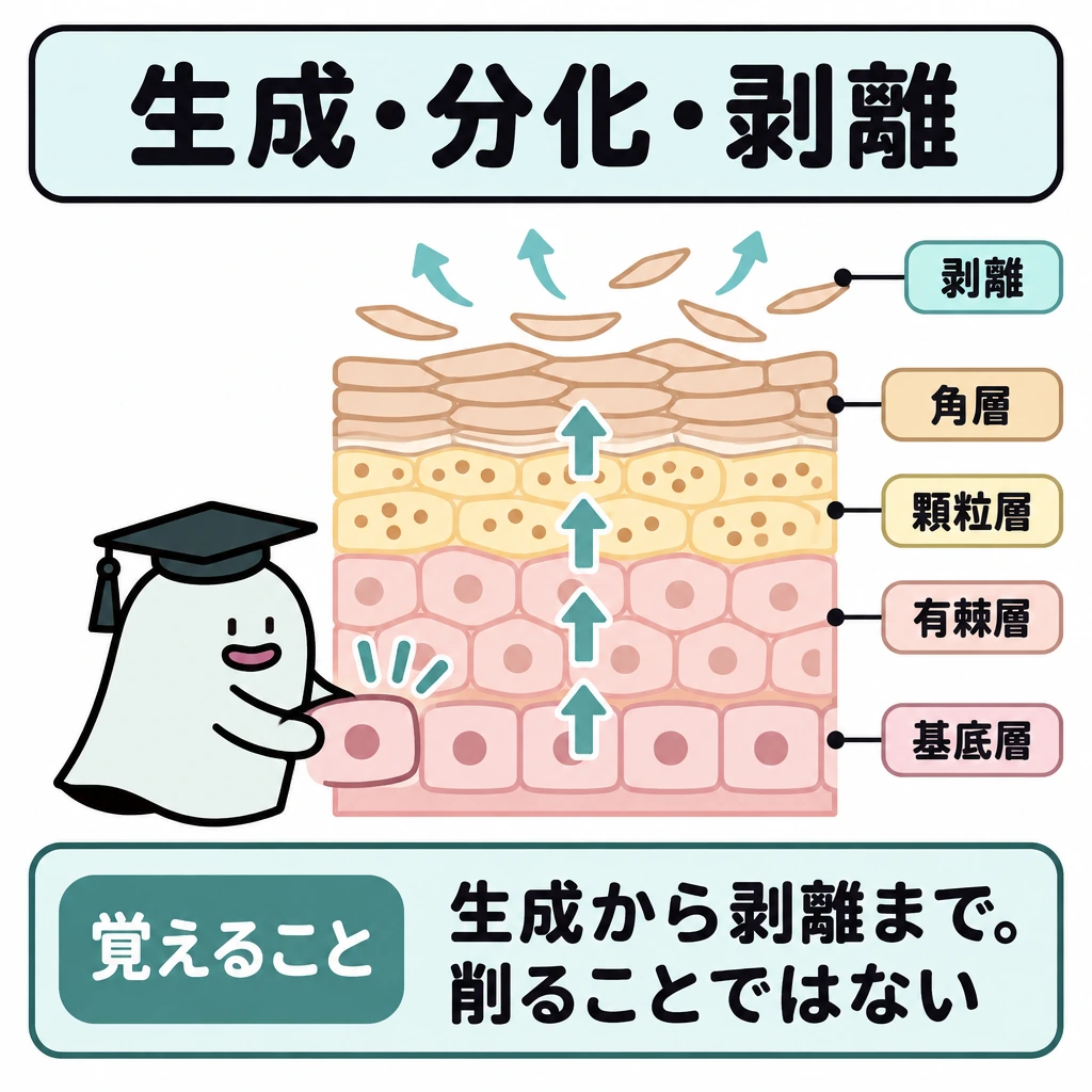 生成・分化・剥離と乱れの図解。中央に皮膚の断面を一つ描き、下から基底層、有棘層、顆粒層、角層を重ねる。細胞の変化を上向き矢印で、角層からの剥離を表面の外向き矢印で示す。