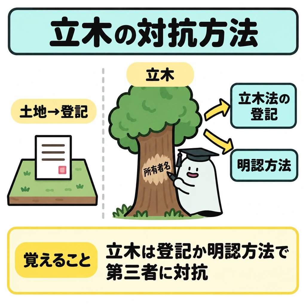 立木など登記以外の対抗方法の図解。一続きの土地の上で、左に小さく「土地→登記」、右に大きく立木を置き、縦の仕切りで対象物の違いを示す。立木からは「立木法の登記」と、樹皮に所有者名を記す「明認方法」へ矢印を分ける。