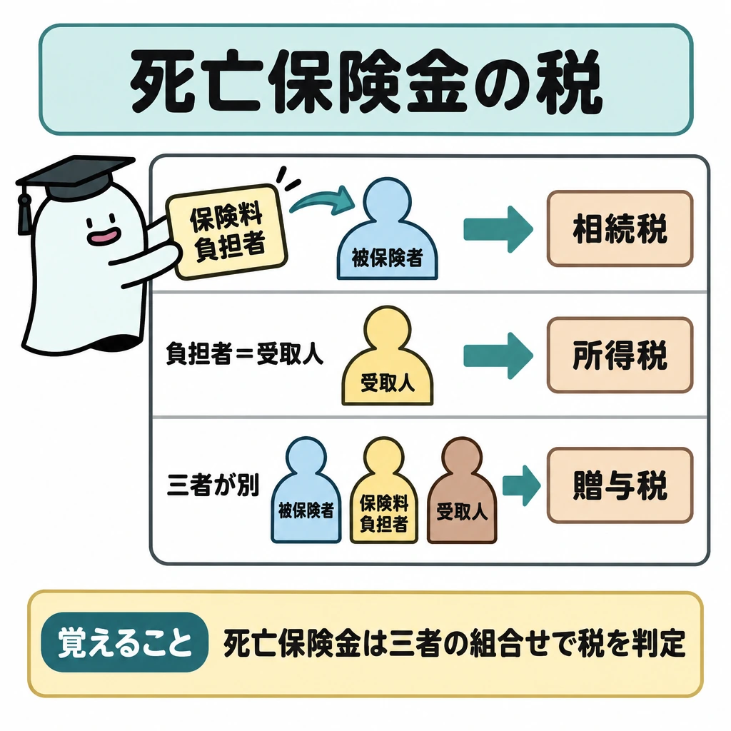 死亡保険金と満期金の課税の図解。中央の判定表を横線で3段に仕切り、各段で左の人物関係から右の税目へ矢印を引く。上から「負担者=被保険者→相続税」「負担者=受取人→所得税」「三者が別→贈与税」と並べる。