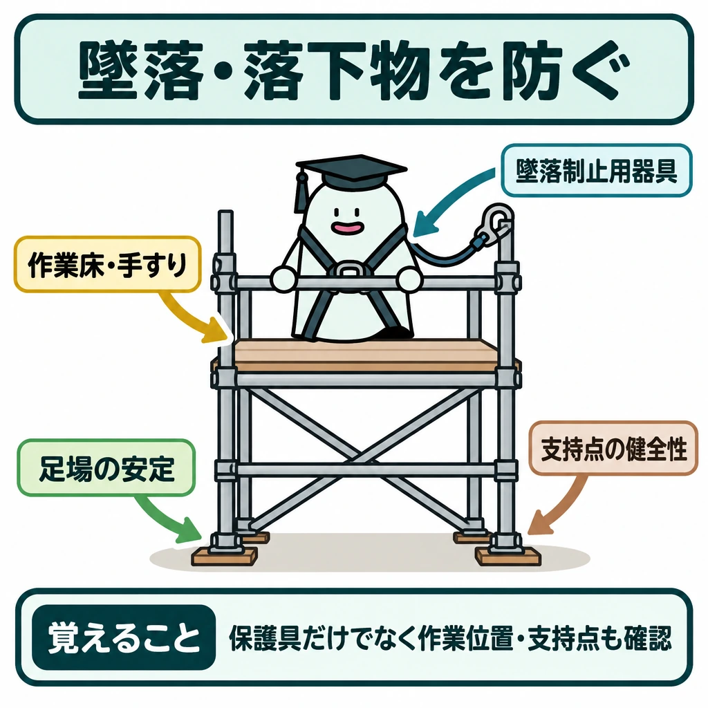 墜落・落下物を防ぐの図解。中央に一つの足場を大きく描き、上のエルくんの墜落制止用器具から、作業床・手すり、足場の安定、支持点の健全性へ確認の矢印を伸ばす。場面を仕切らず、保護具だけでは作業場所の安全を確認できない関係を示す。