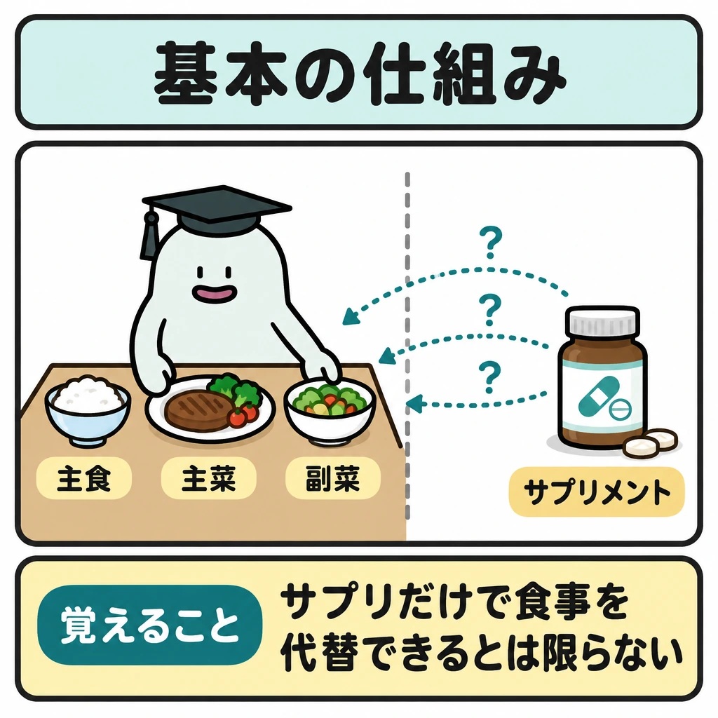 基本の仕組みの図解。正方形の左側に主食・主菜・副菜の3皿、右側にサプリメントを置き、中央を縦線で仕切る。サプリメントから3皿へ向かう点線矢印に「？」を添え、役割をすべて置き換えられるとは限らないことを示す。
