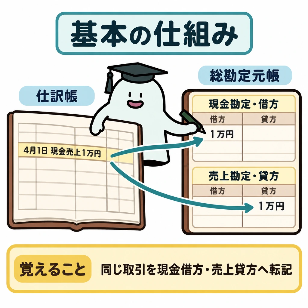 基本の仕組みの図解。左の仕訳帳にある4月1日の現金売上1万円の記録から、右の総勘定元帳へ矢印を2本伸ばす。元帳側を上下に仕切り、上の現金勘定の借方、下の売上勘定の貸方へそれぞれ転記する様子を示す。