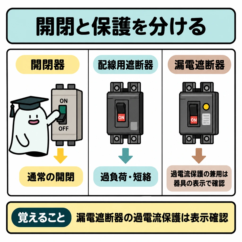 開閉と保護を分けるの図解。正方形を縦線で左・中央・右の3区画に分け、左から開閉器、配線用遮断器、漏電遮断器を並べる。各器具の下に役割を下向き矢印で示し、右区画には「過電流保護の兼用は器具の表示で確認」と小さく添える。
