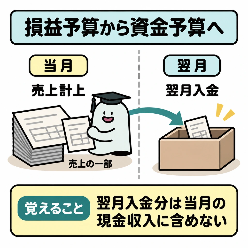 損益予算から資金予算への図解。画面を縦線で左右に分け、左を「当月」の売上計上、右を「翌月」の入金とする。当月売上の一部だけを示す小さな伝票から、右の入金箱へ矢印を引く。