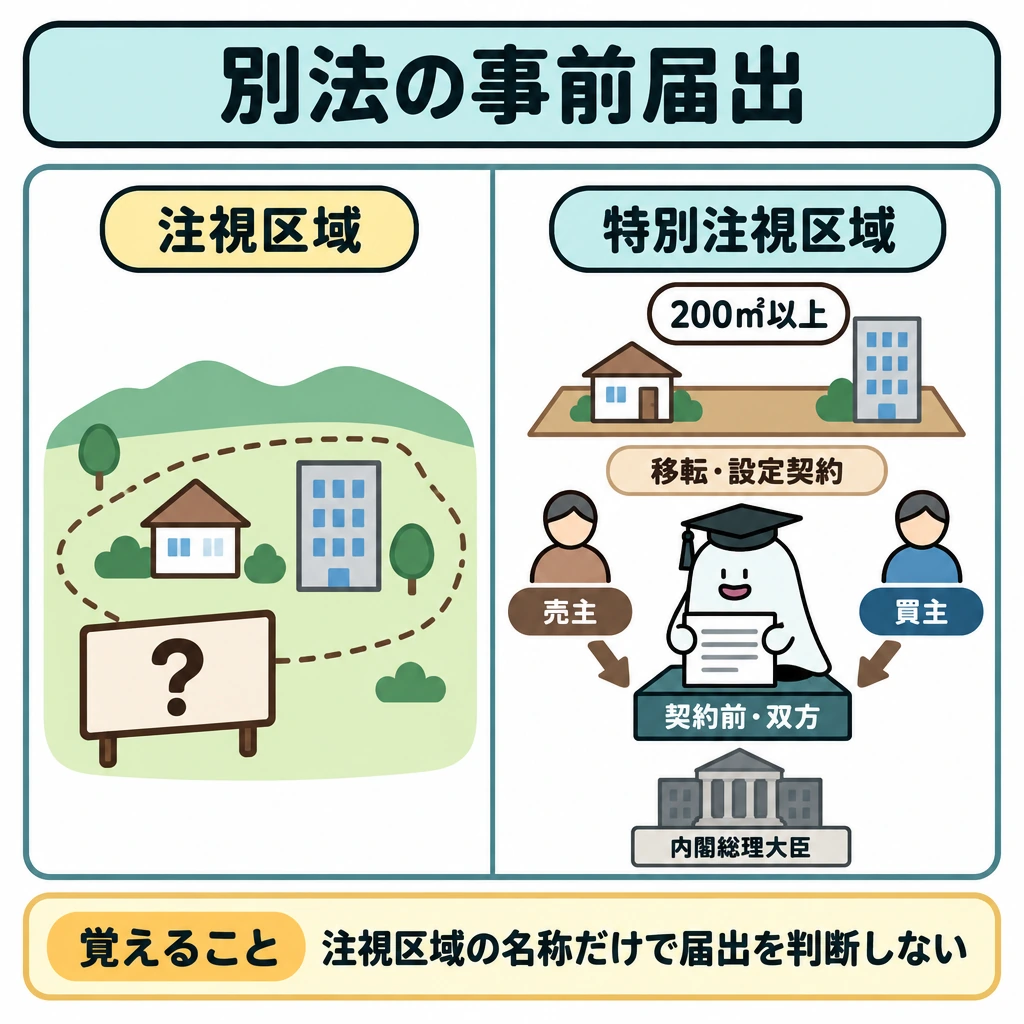 別法の届出:重要土地等調査法の図解。画面を左右に仕切り、左の「注視区域」は区域名だけでは届出対象と決まらないことを示す。右の「特別注視区域」では、200㎡以上の土地・建物の所有権等の移転・設定契約について、売主・買主双方から内閣総理大臣へ向かう「契約前」の矢印を描く。