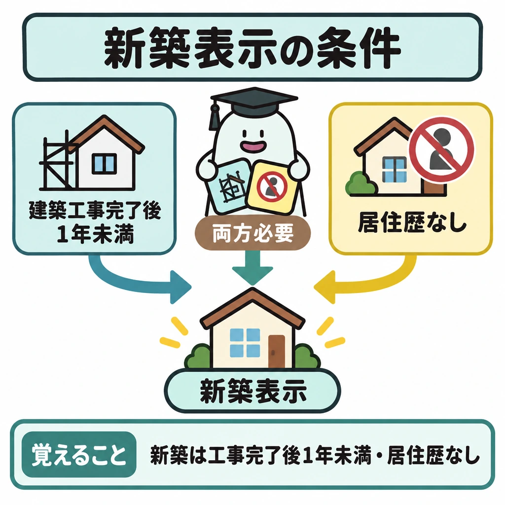 おとり広告と新築表示の図解。中央の住宅へ、左の「建築工事完了後1年未満」と右の「居住歴なし」から矢印を合流させ、両条件を満たした先にだけ「新築表示」を置く。エルくんは合流点で２枚の条件札を重ねる。