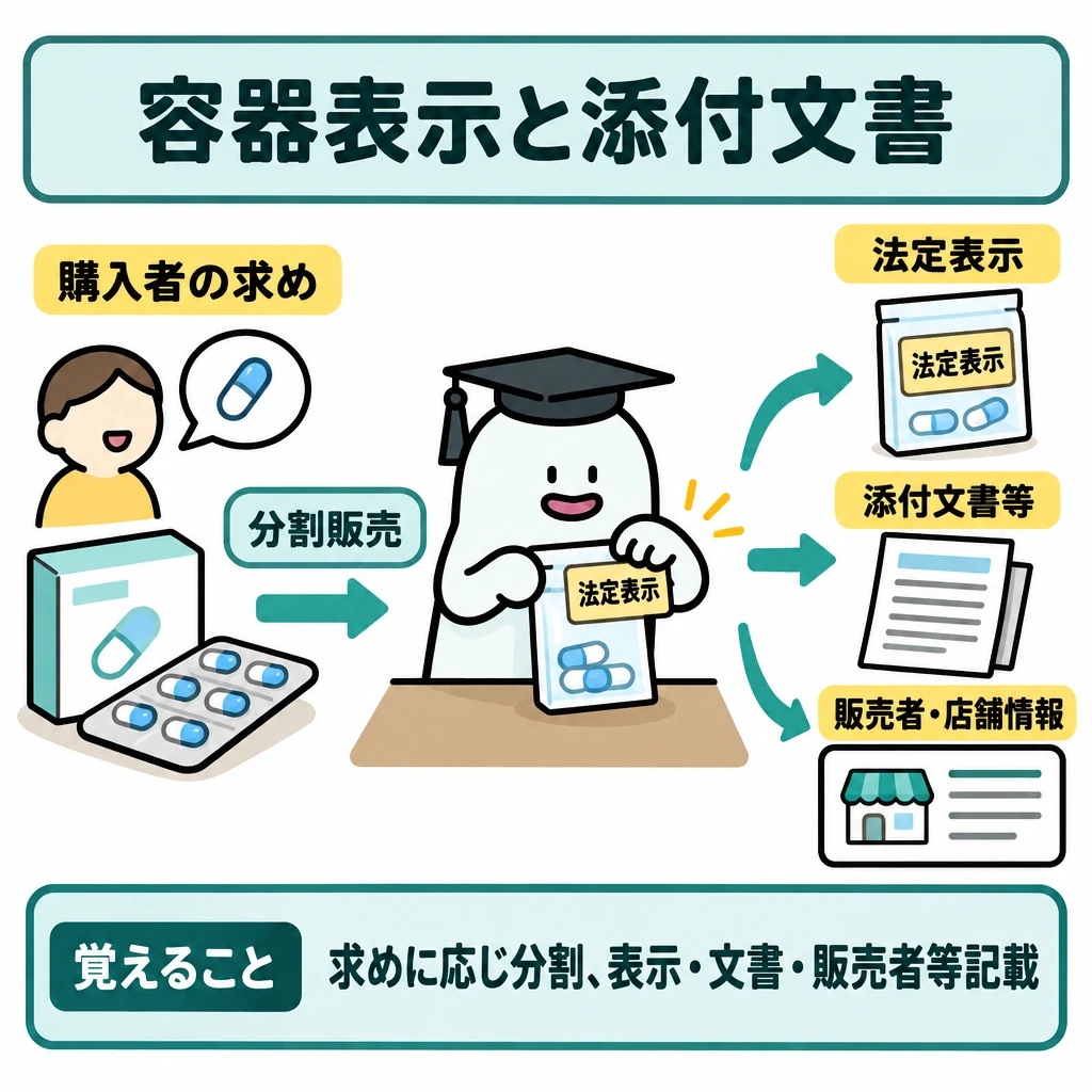容器表示と添付文書を使い分けるの図解。中央のエルくんが、左の医薬品から購入者の求めに応じて分割する一場面にする。右の分割した医薬品に「法定表示」を付け、「添付文書等」を添える向きで矢印を描き、販売者の氏名又は名称と店舗の名称・所在地も記載する。