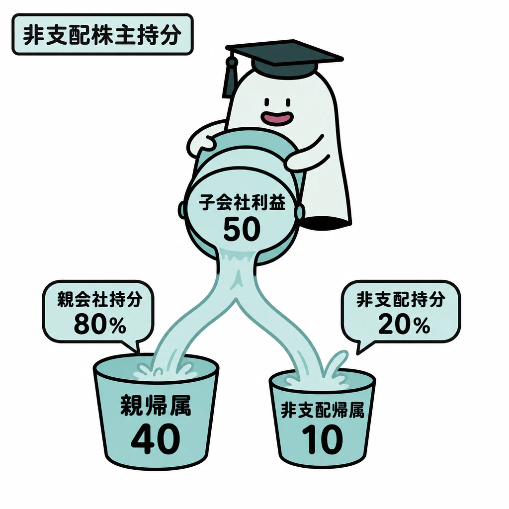 エルくんが説明する図解。子会社利益50を親帰属40/非支配帰属10に配分。