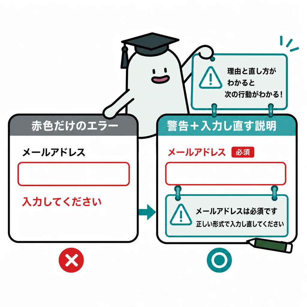 エルくんが説明する図解。赤色だけのエラーと、警告アイコン+入力し直す説明を伴うエラーを比較。