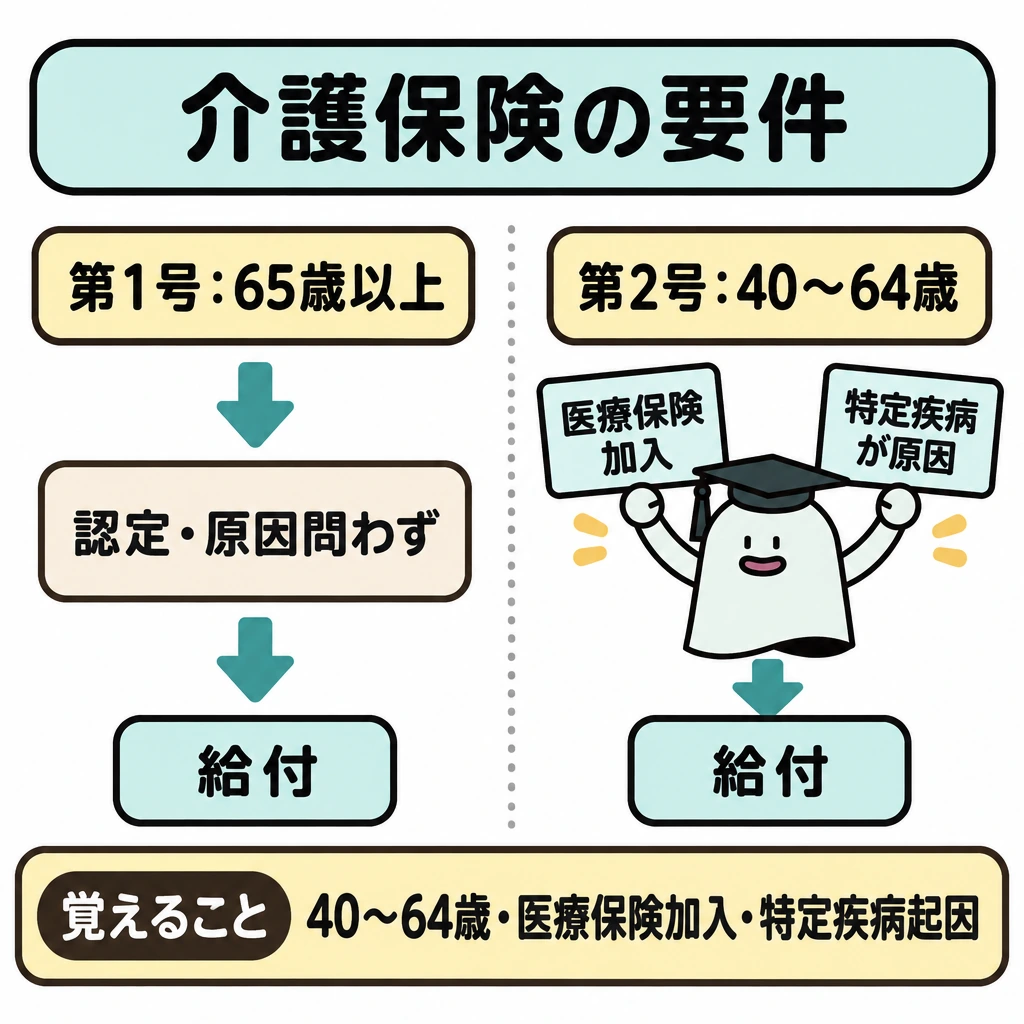 労災・雇用・介護保険の要件の図解。中央の縦線で第1号(左)と第2号(右)を比較する。左は「65歳以上」から認定を経て給付へ、右は「40~64歳」「医療保険加入」「特定疾病が原因」の条件がそろって給付へ進む矢印を描く。