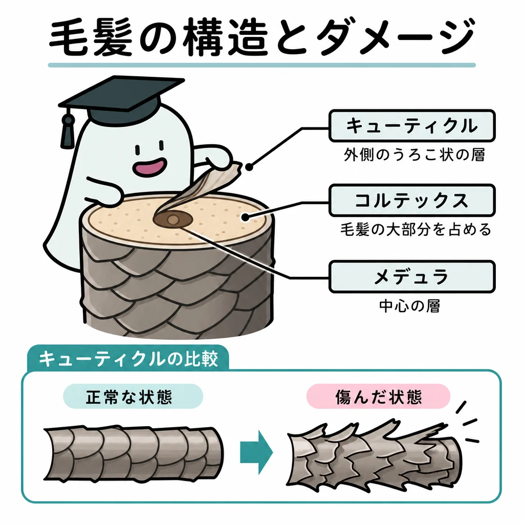 エルくんが説明する図解。毛髪断面を外キューティクル/中コルテックス/中心メデュラに分ける。