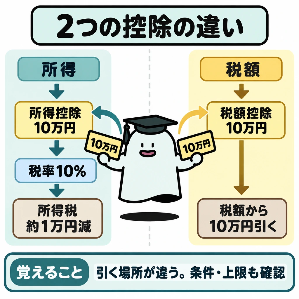 基本の仕組みの図解。中央の仕切りを挟み、左は「所得→所得控除10万円→税率10%→所得税への影響は約1万円」、右は「税額→適用可能な税額控除10万円→税額から10万円を引く」と、別々の仮定を左右の矢印で比較する。下部に適用条件と上限の確認を置く。