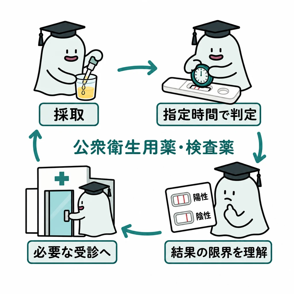 エルくんが説明する図解。採取→指定時間で判定→結果の限界を理解→必要な受診の流れ。