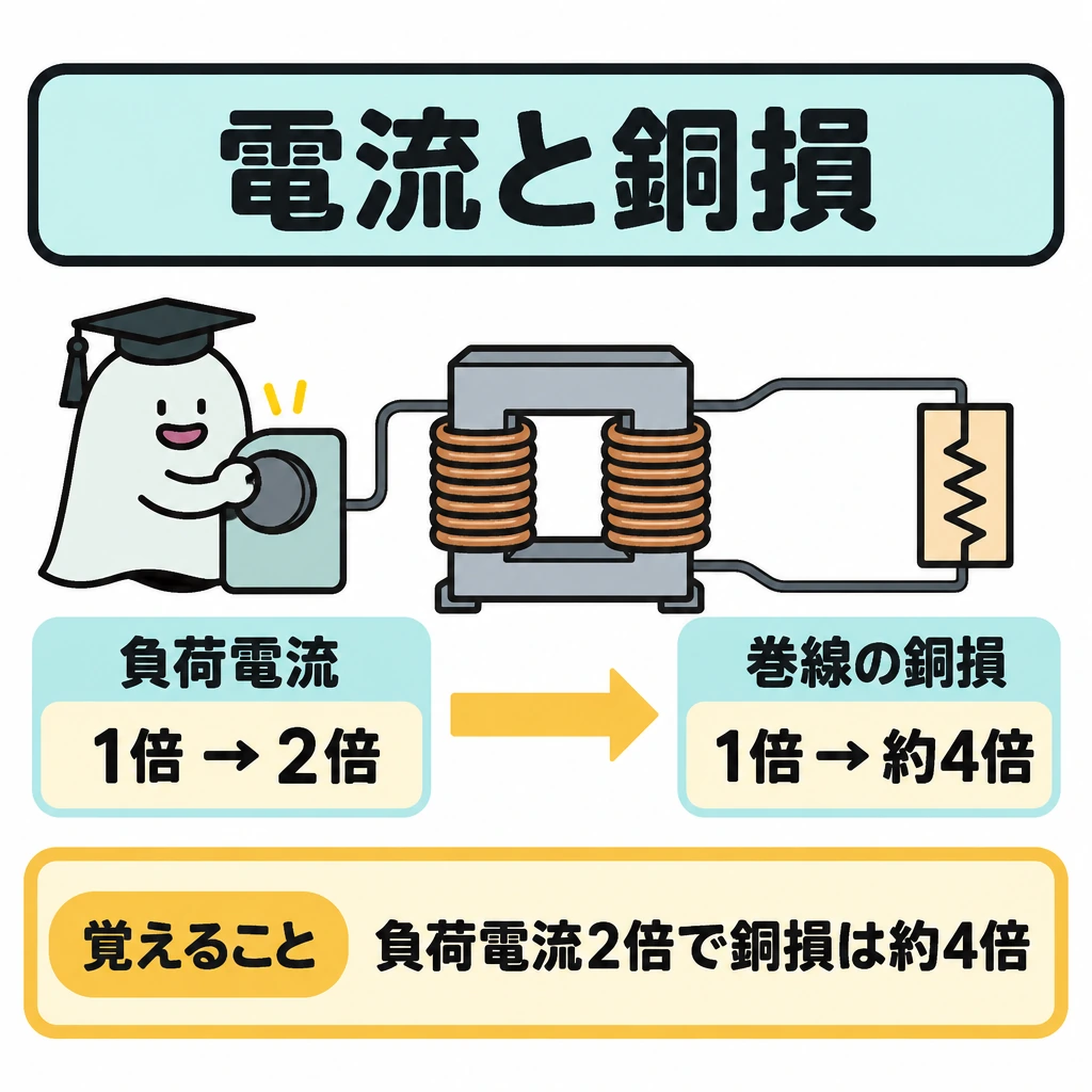 変成比・損失・結線の図解。中央に変圧器の巻線を置き、左の負荷電流「1倍→2倍」から右の銅損「1倍→約4倍」へ矢印でつなぐ。左右の変化を同じ高さに並べ、銅損の増え方が大きいことを示す。