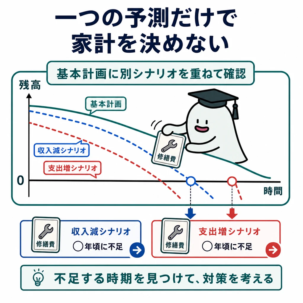 エルくんが修繕費の条件を扱い、基本計画と収入減・支出増の残高推移を比較して不足時期を確認する図。