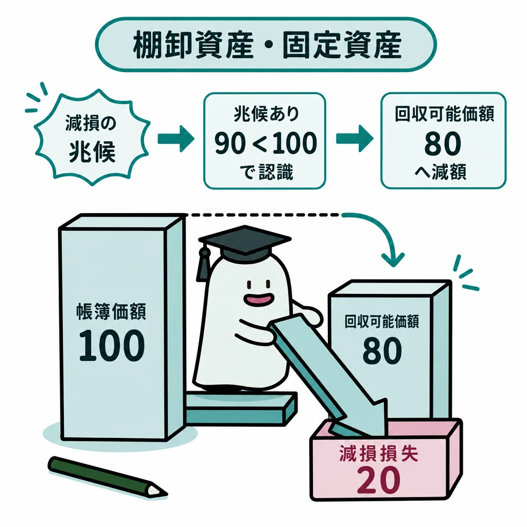 エルくんが説明する図解。兆候→割引前90<帳簿100で認識→回収80へ減額し損失20。
