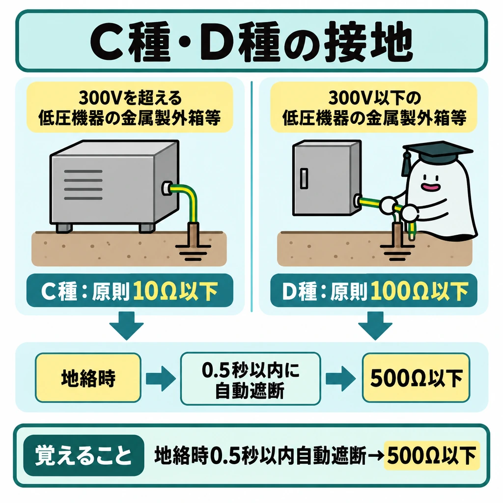 接地の種類・対象・例外の図解。中央を左右に仕切り、300Vを超える低圧機器の金属製外箱等に対応するC種と、300V以下に対応するD種の原則値を比較する。両列から下段の「地絡時→0.5秒以内に自動遮断する装置→500Ω以下」へ矢印を引き、緩和条件が両種に共通することを示す。
