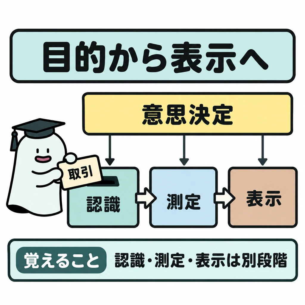 目的から認識・測定・表示への図解。正方形の上段中央に「意思決定」、下段に左から「認識」「測定」「表示」の3区画を置き、区画を仕切って右向き矢印でつなぐ。上段から各区画へ細い下向き矢印を引き、意思決定に役立つ情報という目的が各段階の判断を導く構図にする。