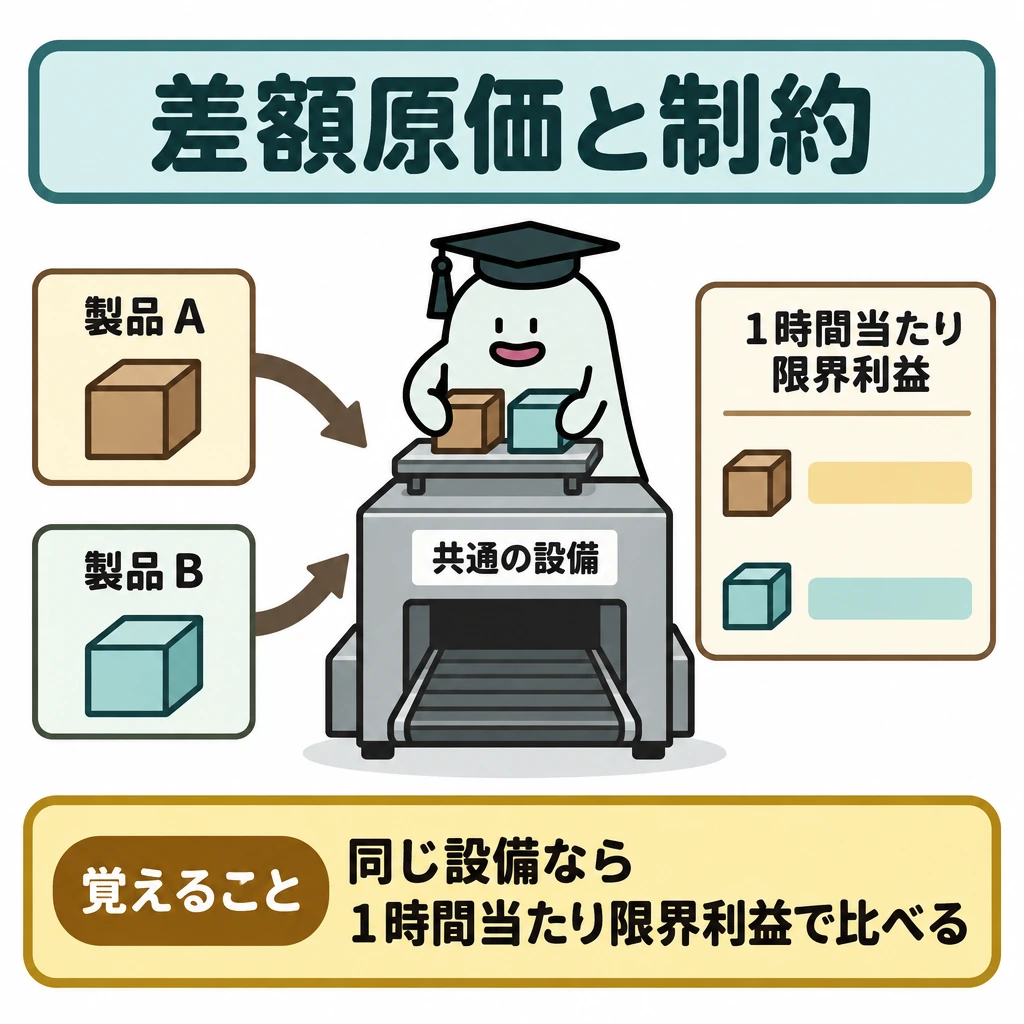 差額原価と制約条件の図解。中央に共通の設備を1台、左に製品A・Bを上下に置き、それぞれから設備へ矢印を向ける。右には両製品の「1時間当たり限界利益」を同じ尺度の2行で並べて比べ、数値や優先順位は示さない。