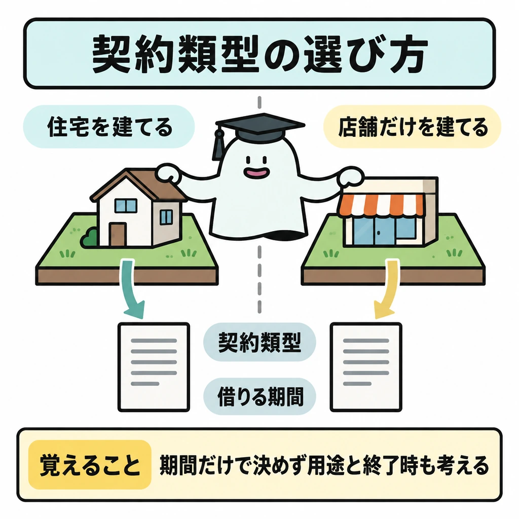 基本の仕組みの図解。画面中央を縦線で仕切り、左に住宅を建てる土地、右に店舗だけを建てる土地を配置する。それぞれの土地から別々の矢印を契約書へ伸ばし、利用目的によって使える契約類型が異なり得ることを示す。