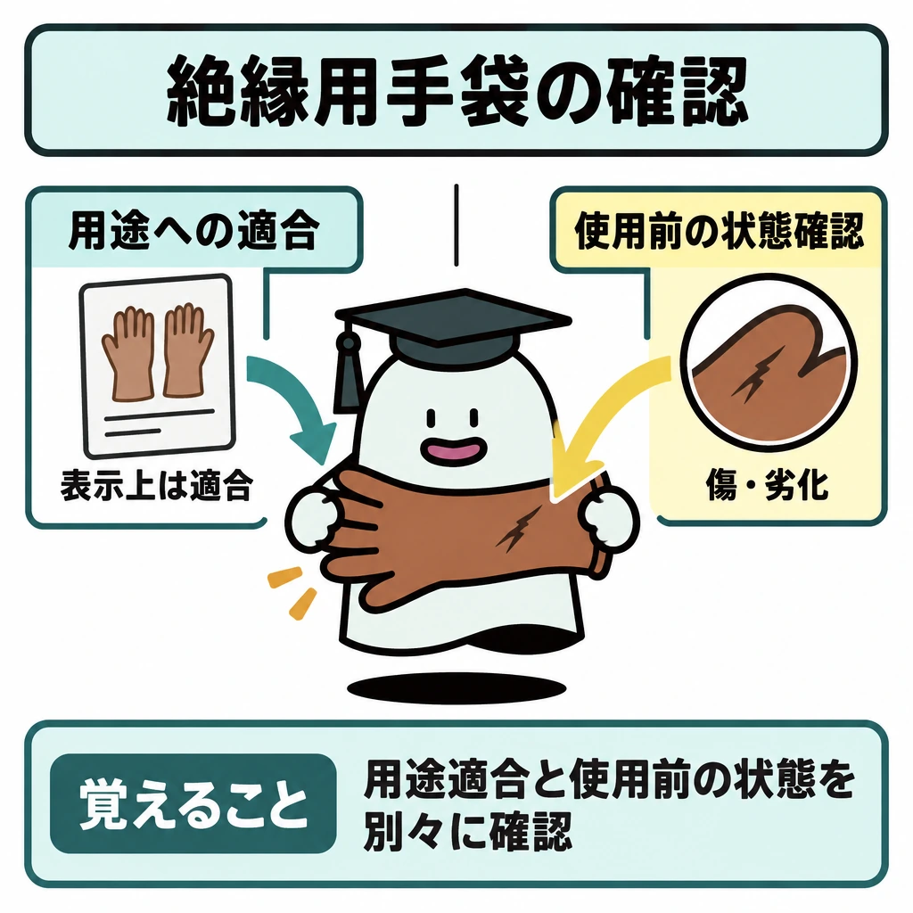 基本の仕組みの図解。上部を縦線で左右に仕切り、左に「用途への適合」、右に「使用前の状態確認」を置く。両側から中央下の1枚の絶縁用手袋へ矢印を向け、右側の矢印は手袋の傷に向ける。