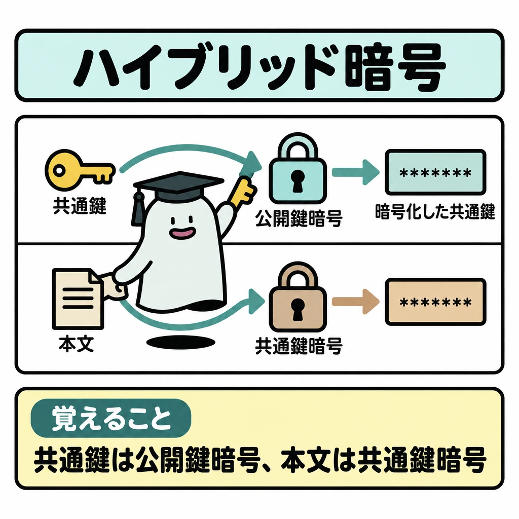 安全性の目的と対策の図解。中央を上下に仕切り、上段は左の共通鍵から公開鍵暗号へ矢印を引き、右に暗号化した共通鍵を置く。下段は本文と共通鍵を共通鍵暗号へ矢印で入れ、右に暗号化した本文を置く。