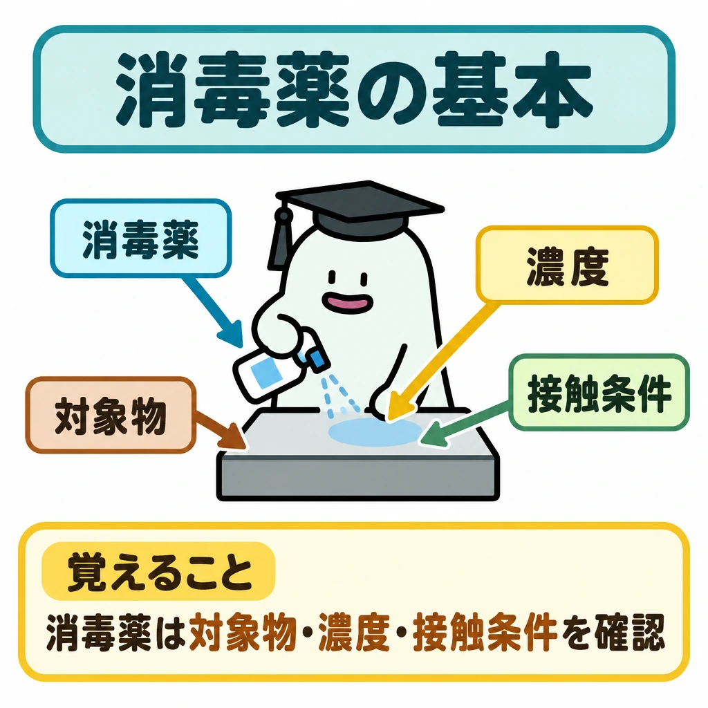 基本の仕組みの図解。中央にエルくんが消毒薬を対象物に使う場面を置く。対象物・濃度・接触条件の3つのラベルを周囲に配置し、それぞれから使用箇所へ矢印を向ける。