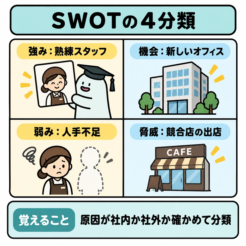 基本の仕組みの図解。画面を左の店内（社内）と右の店外（社外）に縦線で分け、さらに横線で上下2段に区切る。左上に熟練スタッフ、左下に人手不足、右上に新しいオフィス、右下に競合店の出店を配置する。