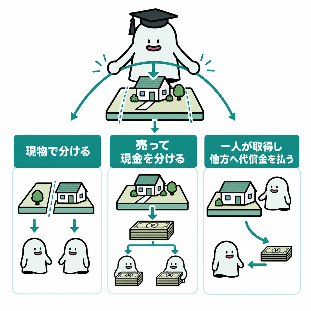 現物で分ける、売って現金を分ける、一人が取得し他方へ代償金を払う違いを示す図