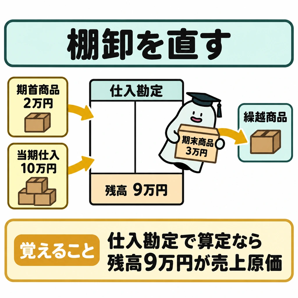 棚卸・貸倒・固定資産を順に直すの図解。中央の仕入勘定へ、左上の期首商品2万円と左下の当期仕入10万円を矢印で入れる。仕切りの右へ期末商品3万円を繰越商品として出し、下部に残高9万円を売上原価として示す。
