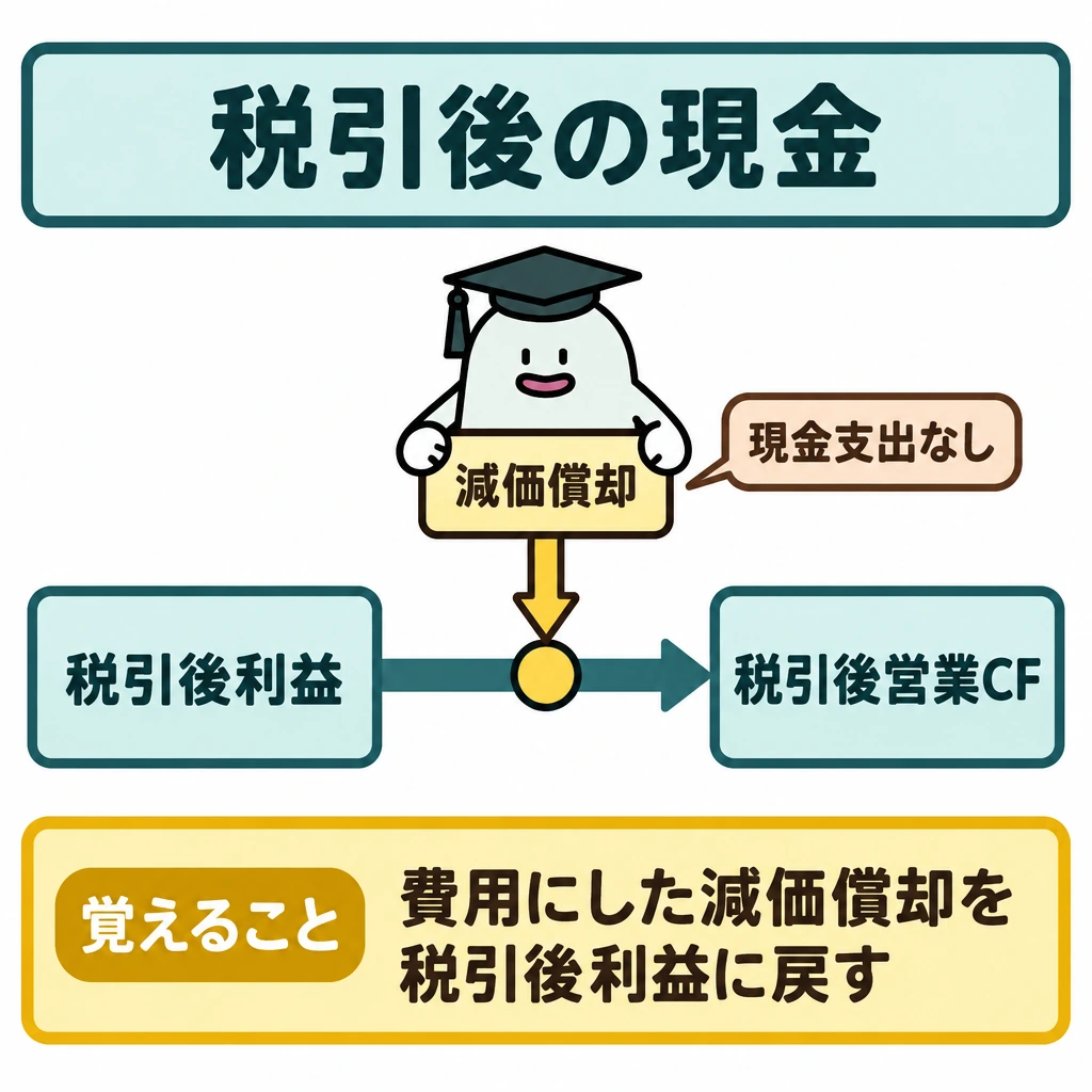 NPV・IRRと税引後の現金の図解。左の「税引後利益」から右の「税引後営業CF」へ矢印を引き、途中に減価償却を足し戻す合流点を置く。減価償却は利益の計算では費用にしたが、現金支出ではないことを添える。