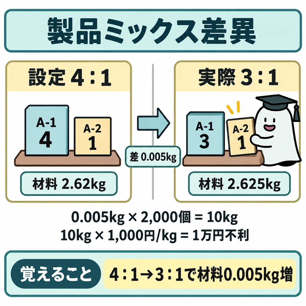 第173回公開問題の製品ミックス差異の図解。中央の仕切りを挟み、左に設定時のA-1:A-2=4:1と材料2.62kg、右に実際の3:1と材料2.625kgを並べ、右向きの矢印で1個当たり0.005kg増を示す。下に「0.005kg×2,000個=10kg」「10kg×1,000円/kg=1万円不利」を小さく続ける。