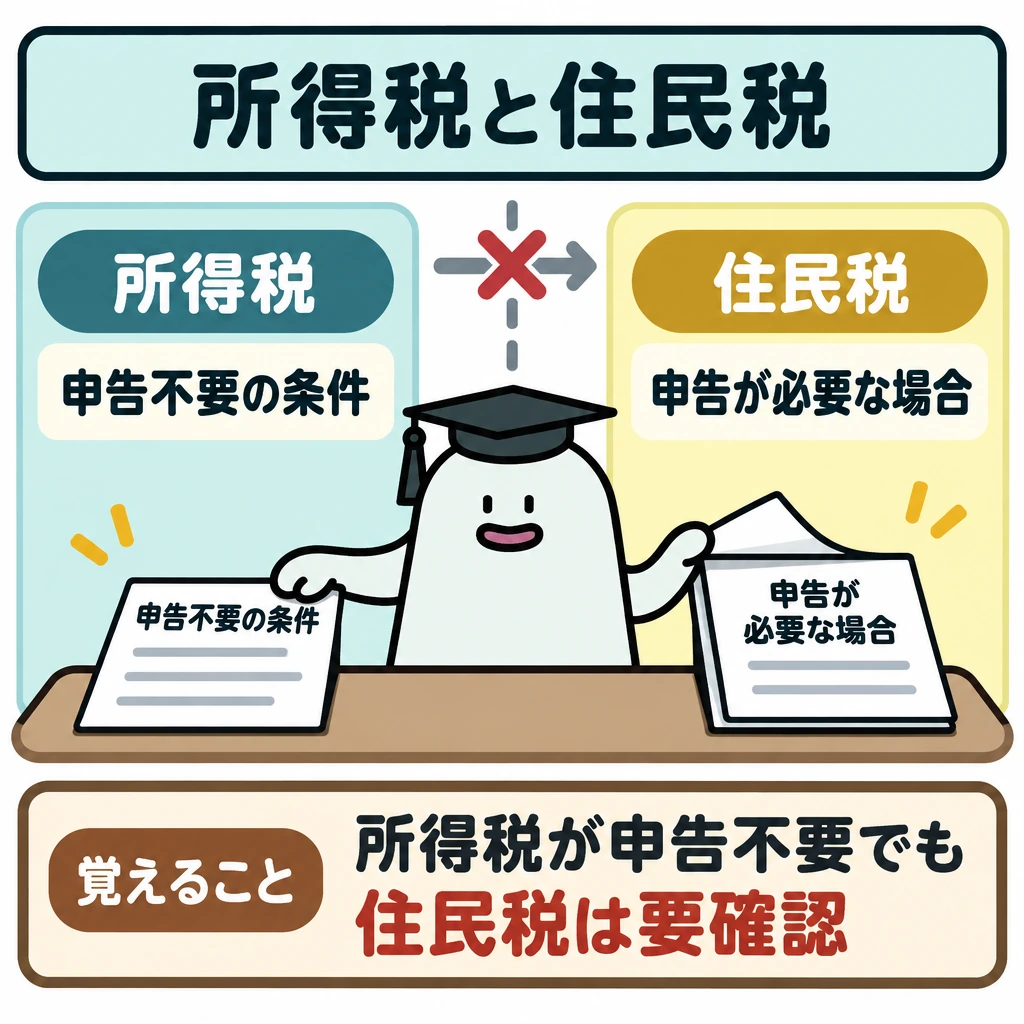 基本の仕組みの図解。中央の仕切りを挟み、左に「所得税:申告不要の条件を満たす」、右に「住民税:申告が必要な場合もある」を配置する。左の判定が右へそのまま移らないよう、仕切りを越える矢印に×を付ける。