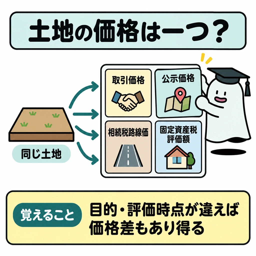 基本の仕組みの図解。中央に同じ土地を一つ描き、右側の2×2の枠に4種類の価格カードを並べ、土地から各カードへ矢印を引く。各カードには金額を書かず、目的と評価時点が異なることを小さな記号で示す。