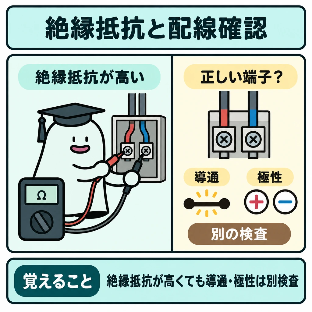 確認の図解。正方形の図を縦線で左右に分け、左に絶縁抵抗の測定、右に配線と端子を描く。左から右へは矢印を引かず、右側の導通・極性には「別の検査」と添えて、測定結果だけでは正しい接続を確認できない関係を示す。