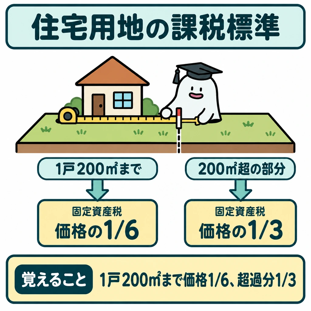 固定資産税の課税標準・減額・免税点の図解。中央に住宅1戸と横長の土地を描き、土地を「1戸200㎡まで」と「200㎡超の部分」に縦線で分ける。各部分から下向きの矢印を引き、固定資産税の課税標準を左は「価格の1/6」、右は「価格の1/3」と示す。
