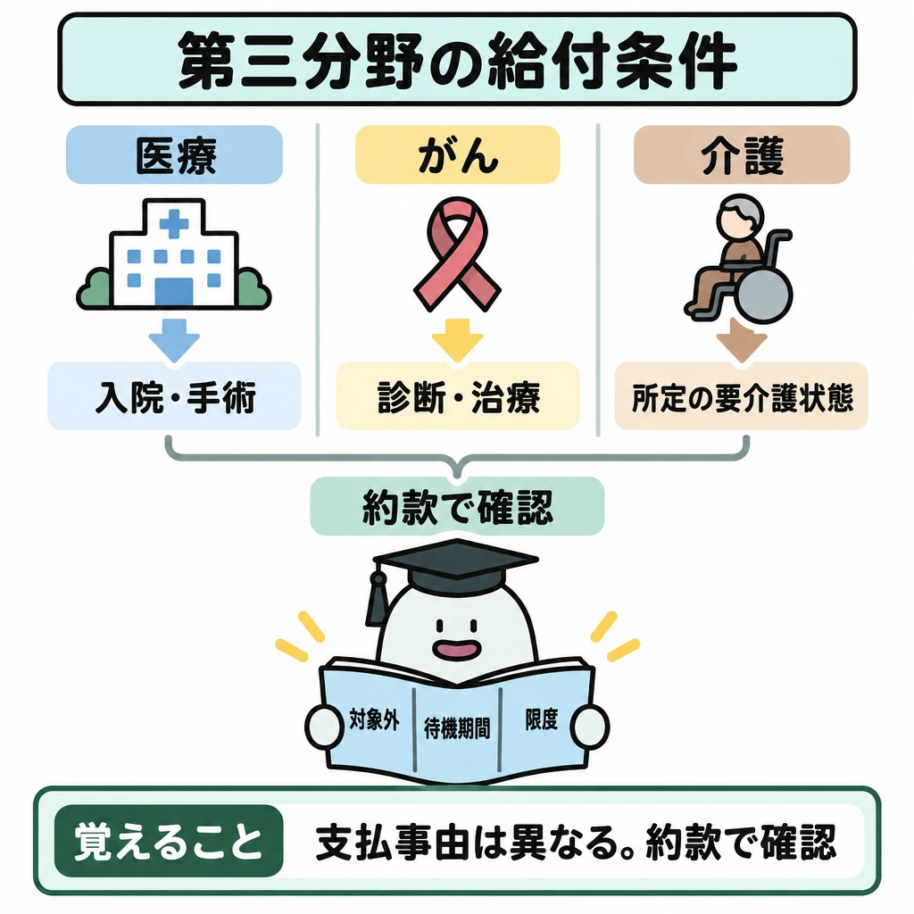 第三分野の給付条件の図解。画面中央を縦の仕切りで医療・がん・介護の3列に分け、各列で保険の種類から異なる支払事由へ下向き矢印を引く。3列の下に約款を置き、条件を確認する位置づけにする。