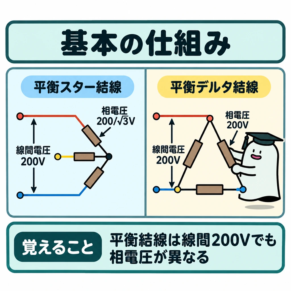 基本の仕組みの図解。1枚の結線比較図を中央で左右に仕切り、左に平衡スター結線、右に平衡デルタ結線を置く。両側の線間電圧を200Vと示し、各負荷にかかる相電圧を左は200/√3V、右は200Vと記す。