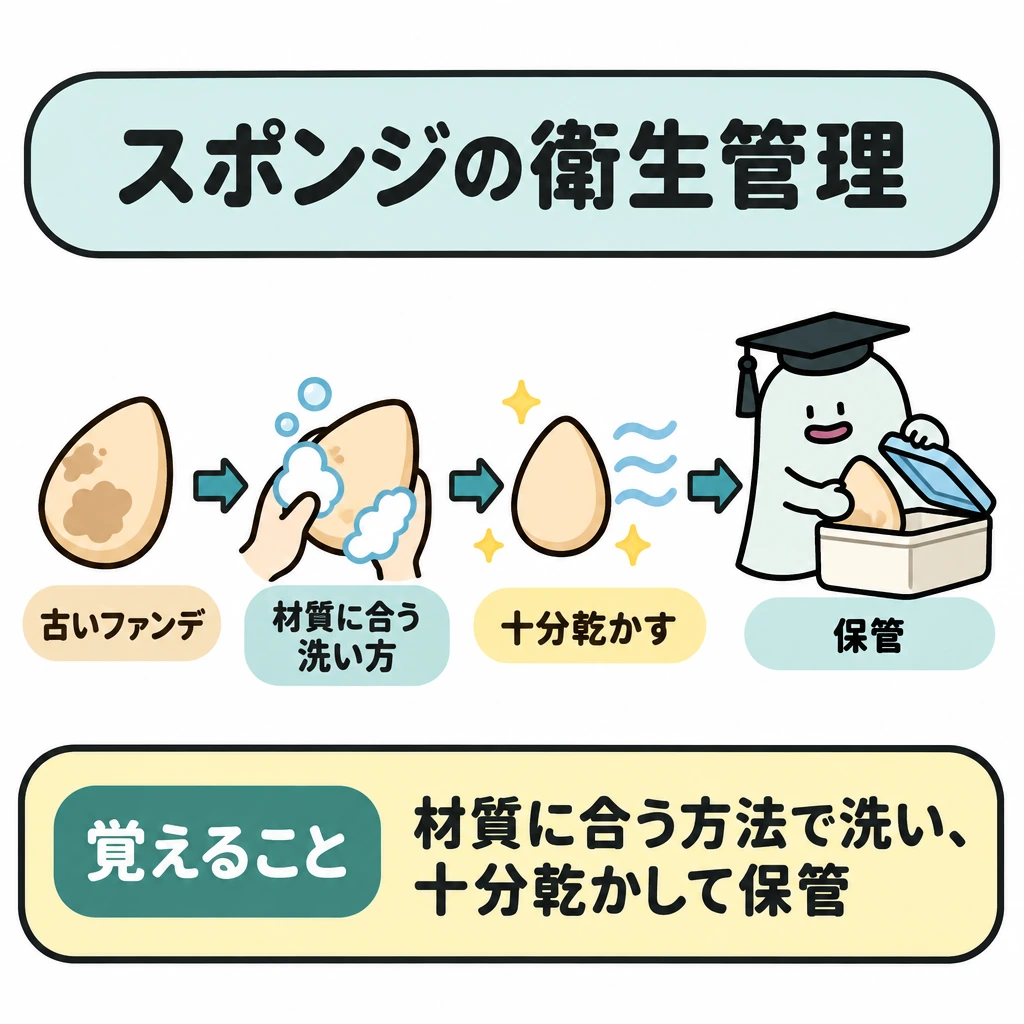 基本の仕組みの図解。左から「材質に合う洗い方」→「十分乾かす」→「保管」の順に矢印でつなぐ。右側では、十分乾いたスポンジをエルくんが収納容器に入れる一場面にする。