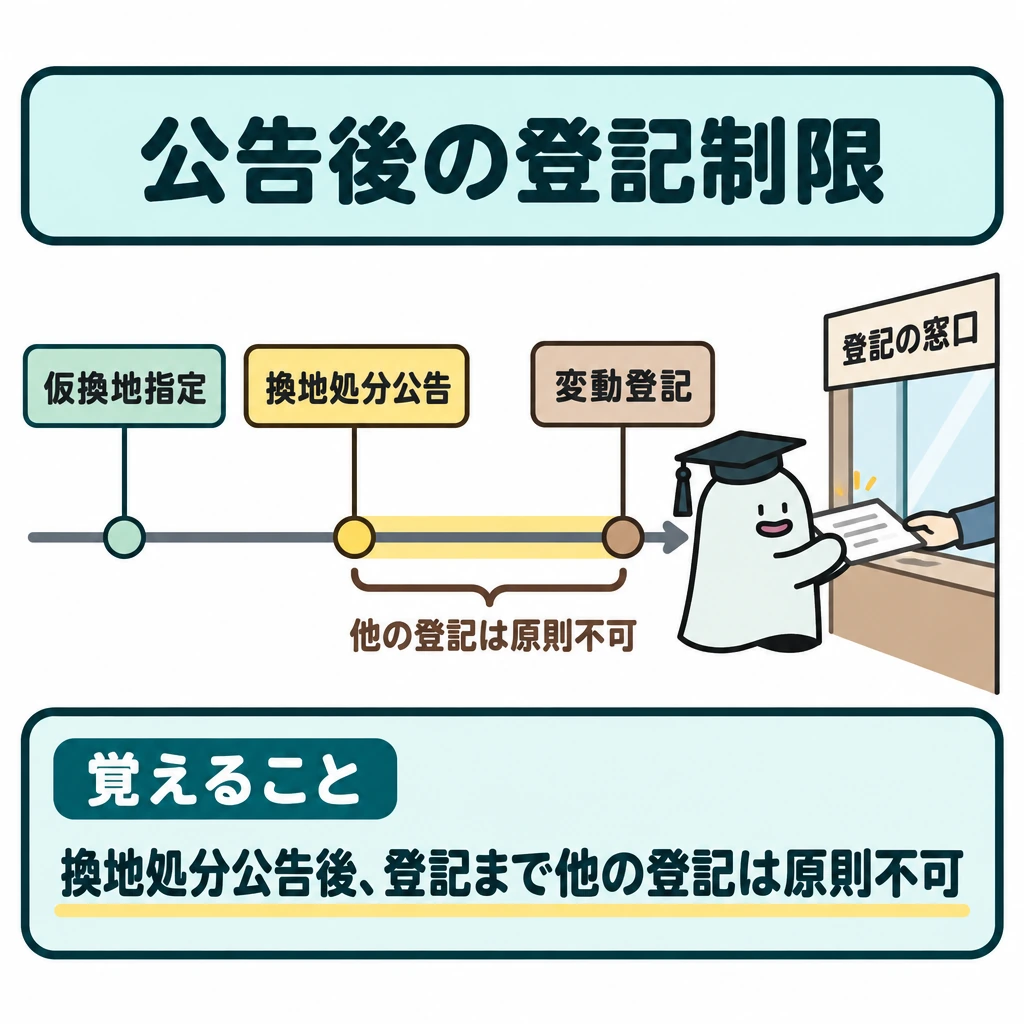 建築制限・公告・登記の図解。1本の時間軸に、左から「仮換地指定」「換地処分公告」「変動登記」を配置する。「換地処分公告」から「変動登記」までの区間だけを帯で示し、その下に「他の登記は原則不可」と記す。