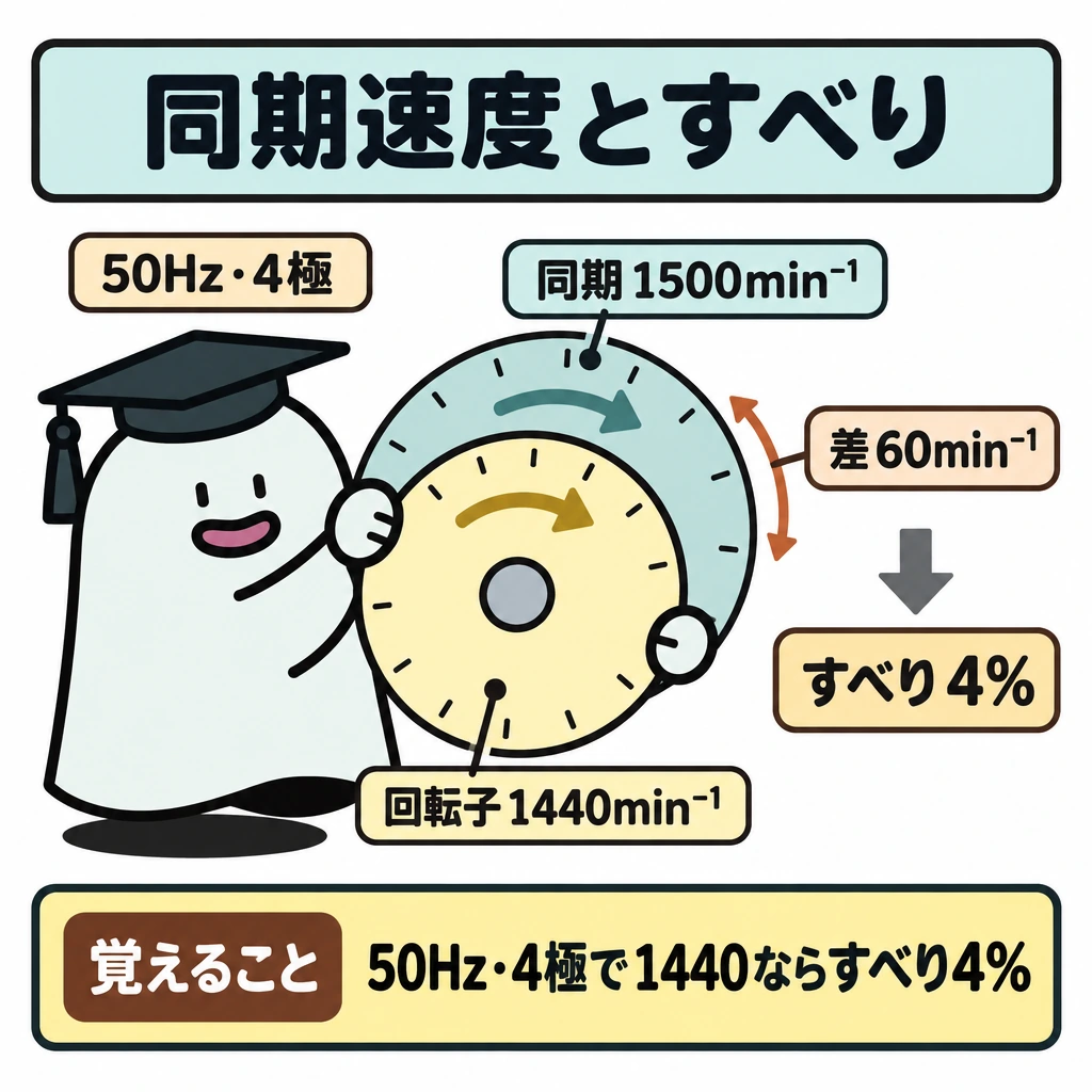 基本の仕組みの図解。誘導電動機の回転を同心円で描き、外側の同期速度を1500min⁻¹、内側の回転子を1440min⁻¹として、同じ向きの回転矢印を付ける。円の間に速度差60min⁻¹を示し、その差を同期速度で割るとすべり4%になる関係を示す。