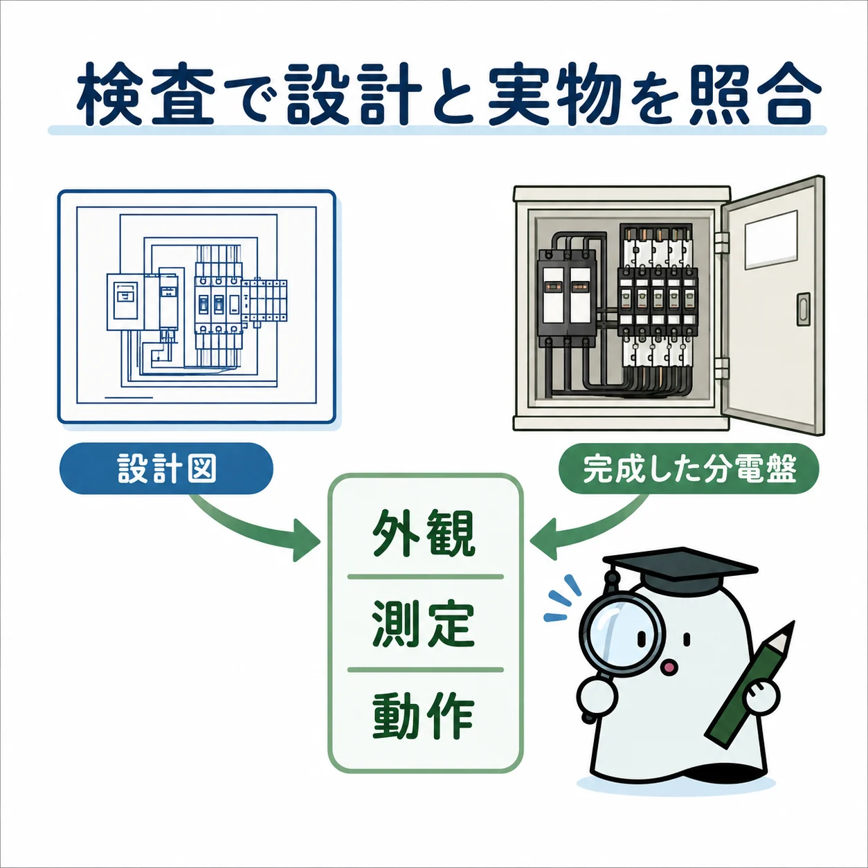 検査で設計と実物を照合。設計図と完成した分電盤の二つを、確認カードに向かう矢印で結ぶ。