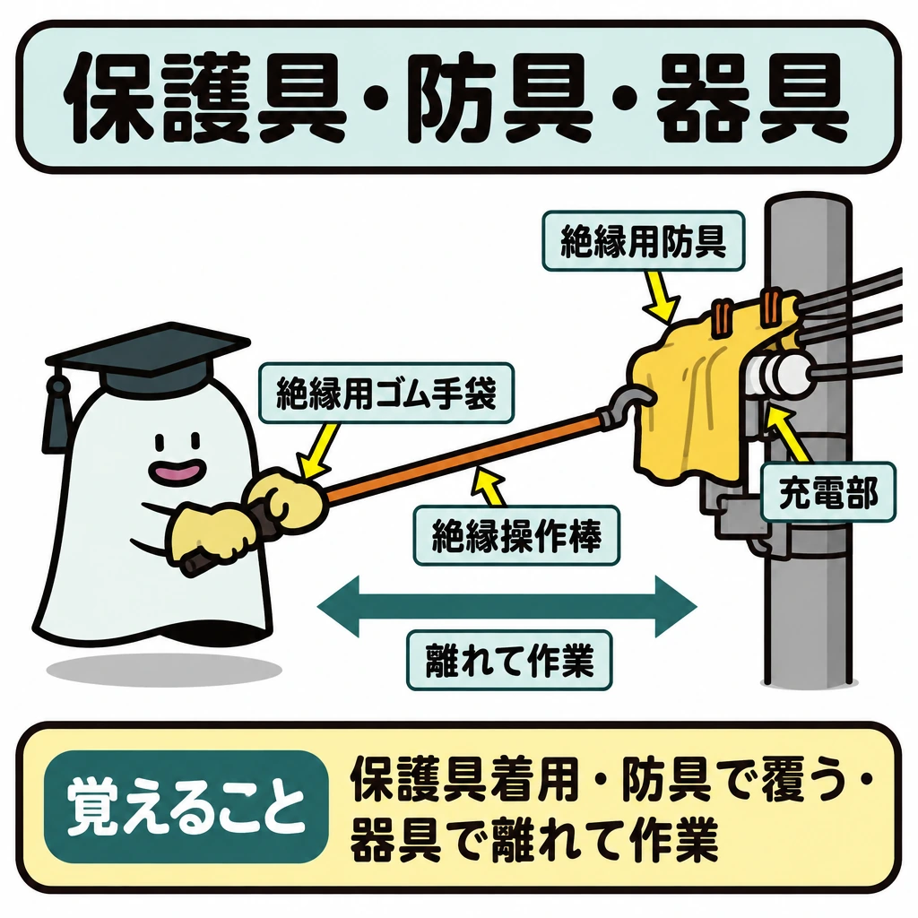 保護具・防具・活線作業用器具の図解。1つの作業場面で、左のエルくんの手元に絶縁用保護具、右の充電部にそれを覆う絶縁用防具を配置する。エルくんから充電部へ伸びる絶縁操作棒を描き、「着用」「覆う」「離れて作業」の対応を短い矢印で示す。