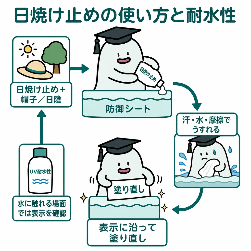 エルくんが説明する図解。日焼け止め＋帽子/日陰、汗水摩擦→表示に沿って塗り直す循環。