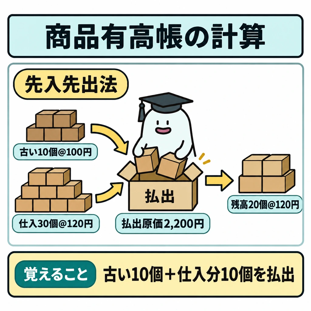 商品有高帳の計算例の図解。先入先出法の払出を1つの流れで示す。左に前月繰越10個と5日の仕入30個を並べ、古い10個と仕入分の10個を中央の払出箱へ矢印で移し、右に仕入分の残り20個を置く。
