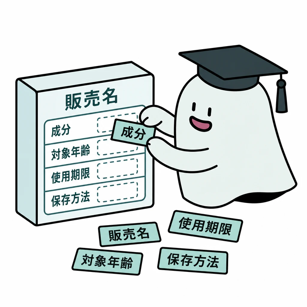 エルくんが説明する図解。箱の販売名/成分/年齢/期限/保存をラベル別に示す。