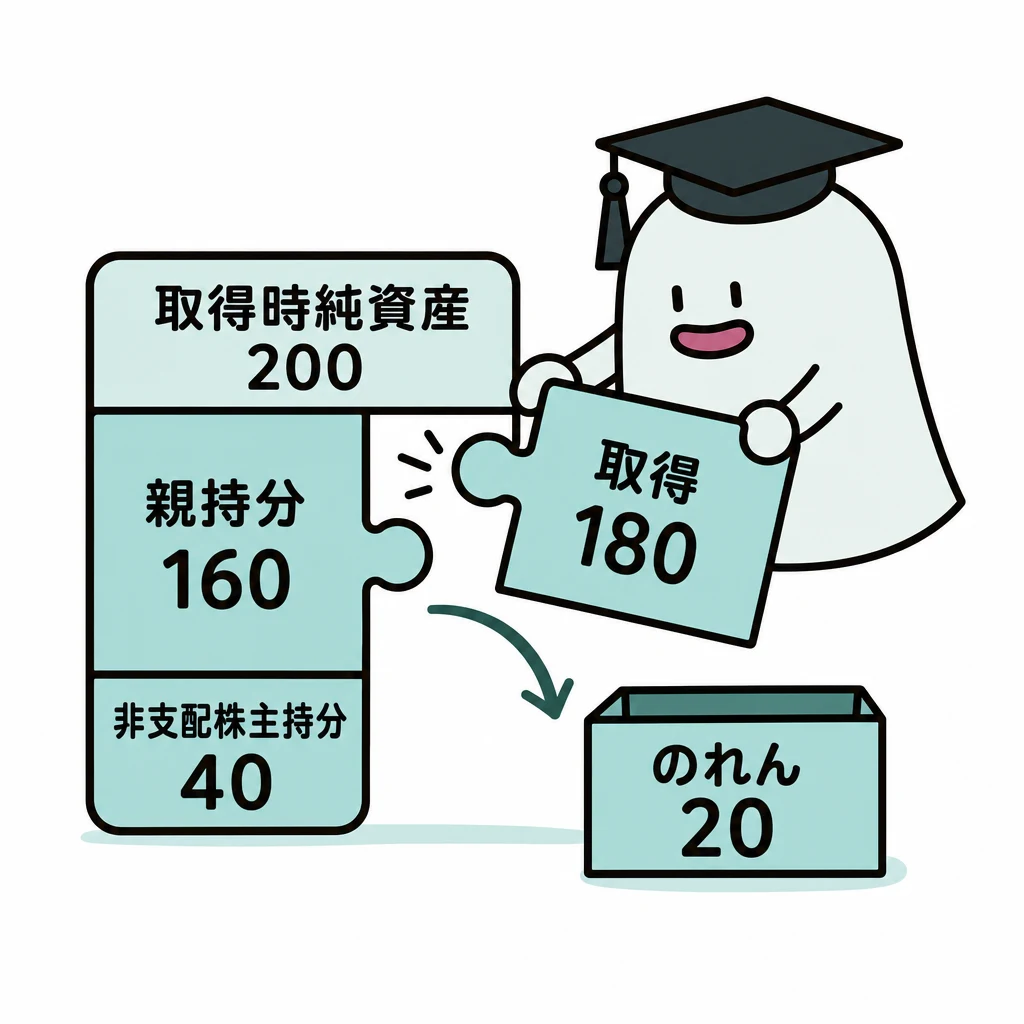エルくんが説明する図解。取得時純資産200を親160/非支配40、取得180との差20をのれんへ。