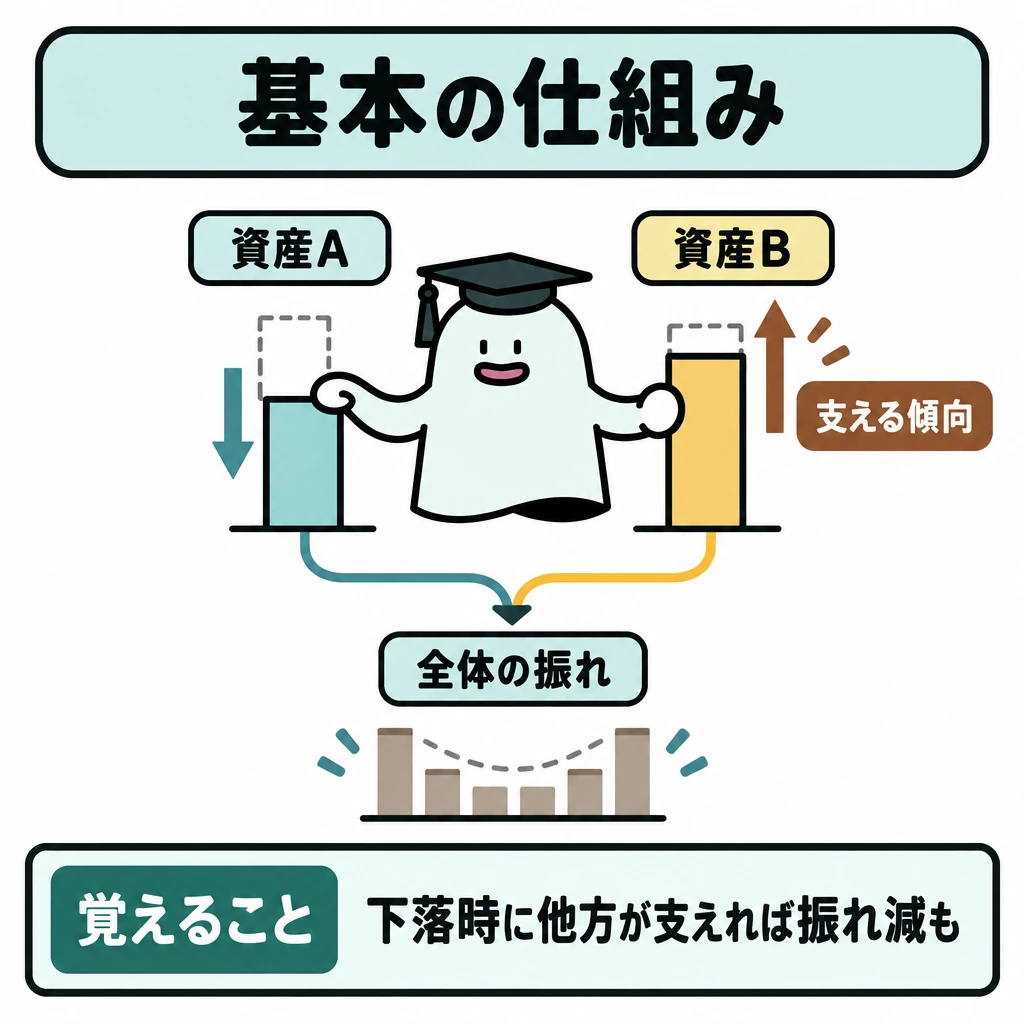 基本の仕組みの図解。中央に資産Aと資産Bの可動バーを並べ、Aが下がるときBが支える向きを矢印で示す。2本のバーから下の「全体の振れ」へ線をつなぎ、振れが小さくなる可能性を描く。